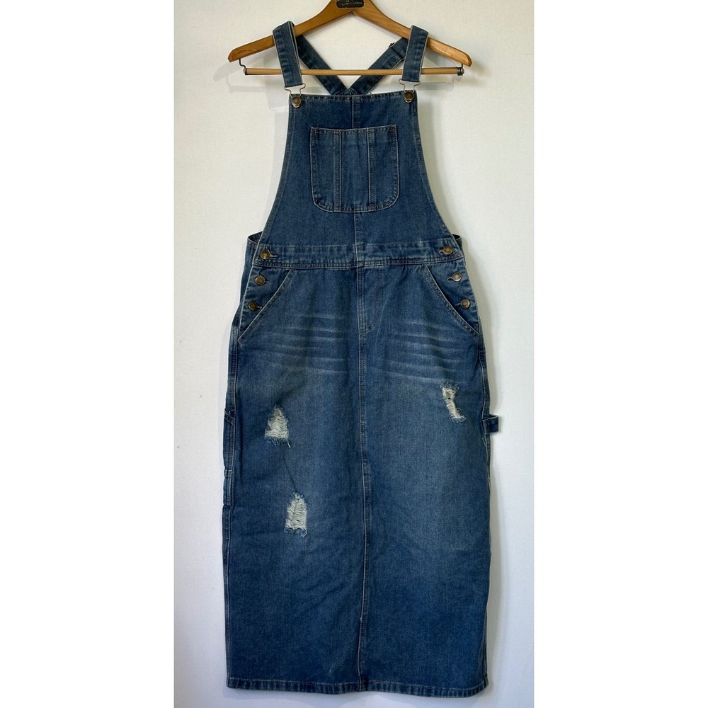 Midiross Denim Overall Dress Distressed Midi Womens Large Blue Excellent